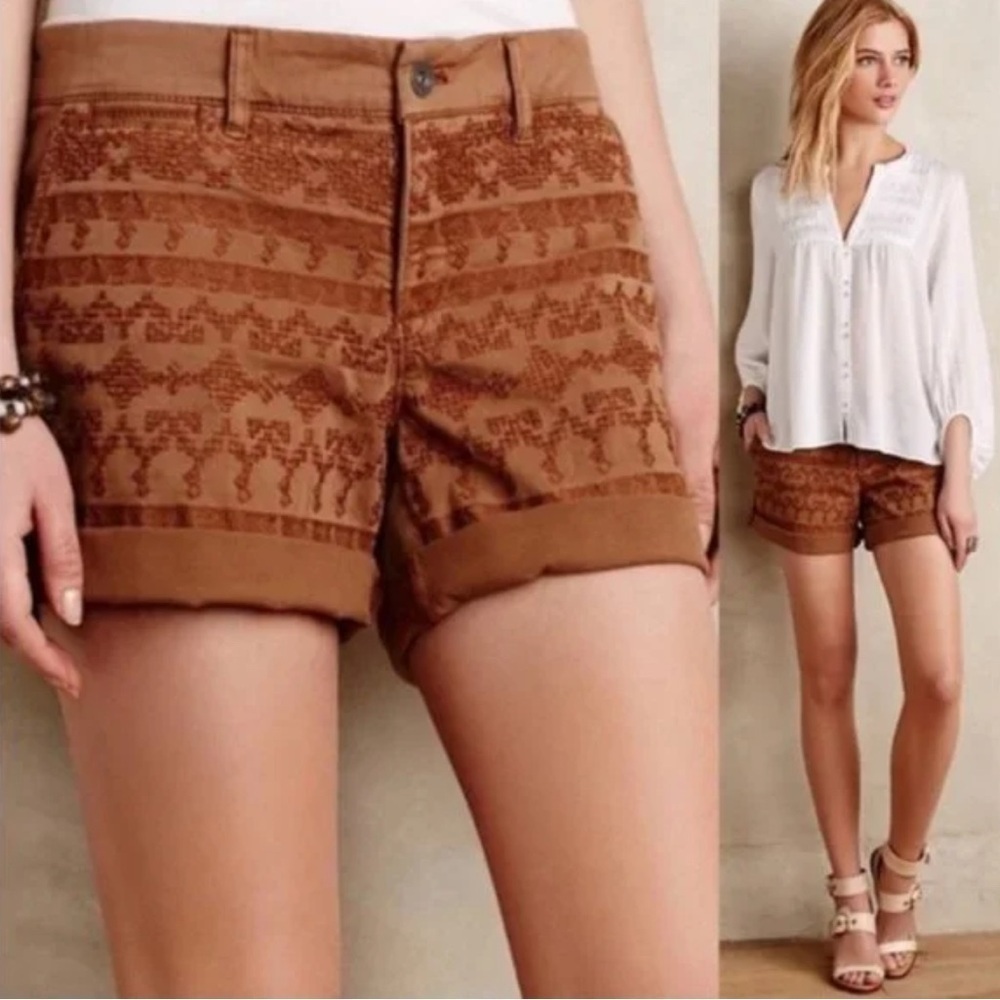 Anthropologie Pilcro Women's Hyphen Shorts Size 26 Tan Boho Embroidered Chino